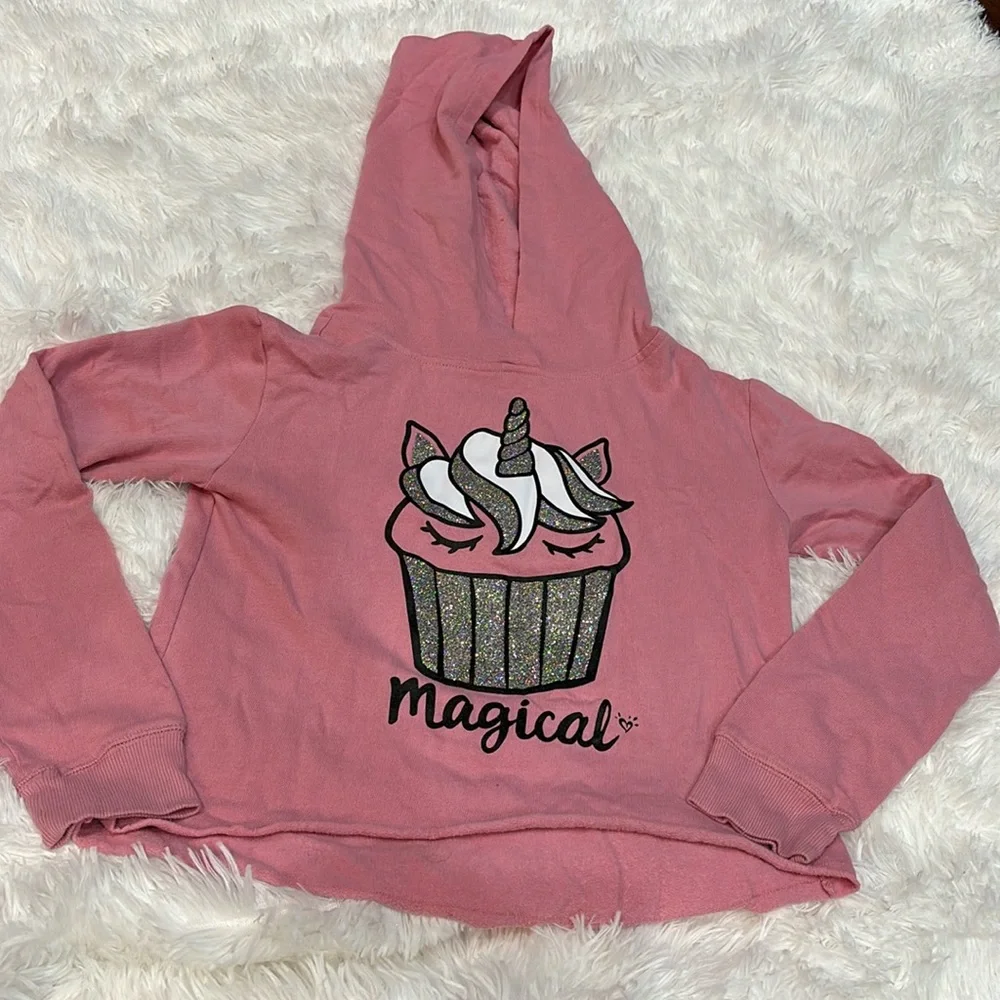 JUSTICE Magical Unicorn Cupcake Hoodie Pink Glitter Raw Hem Sweats | Girls Sz 10